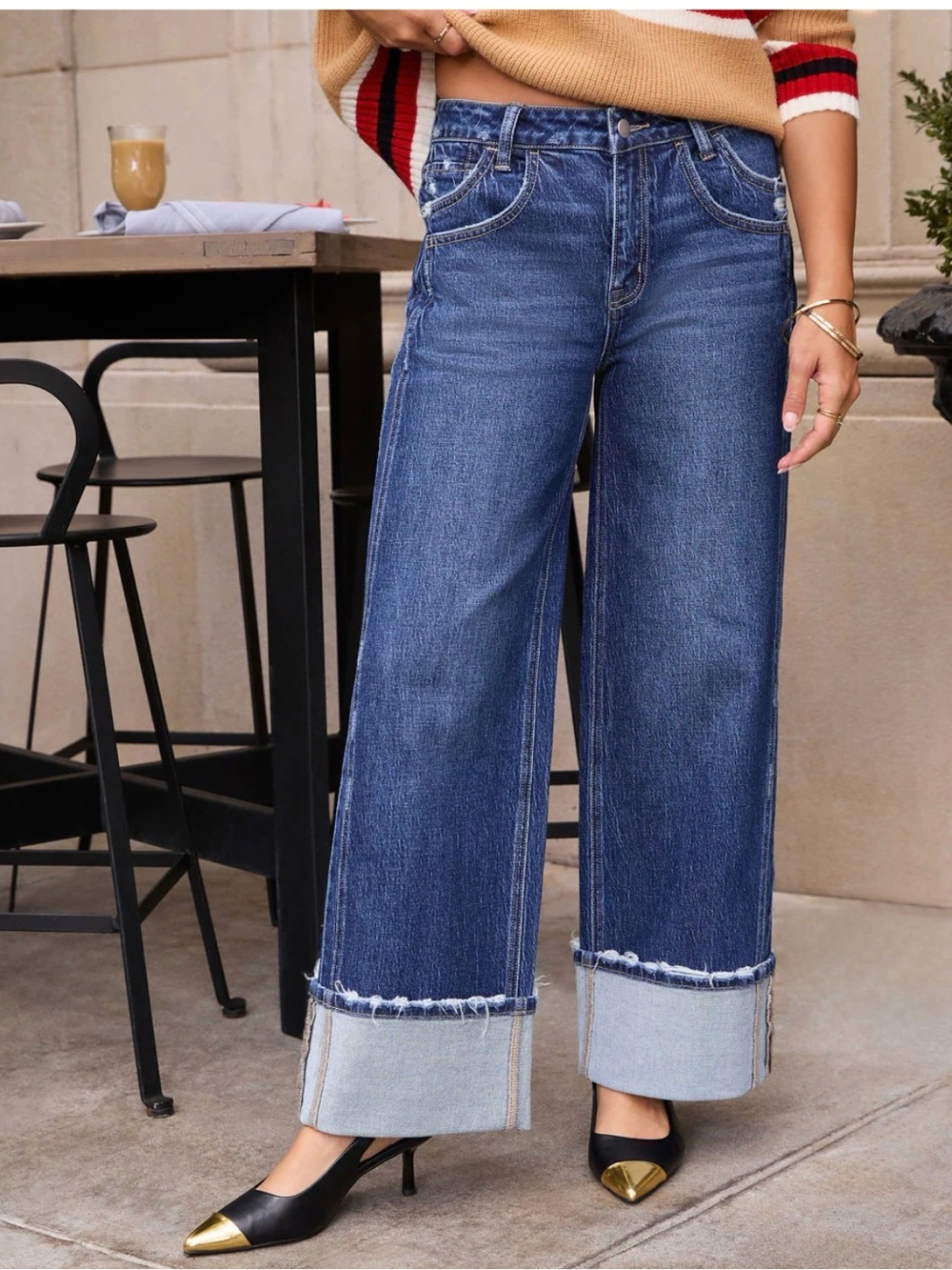 VICI Dark Indigo Wide-Leg Cuffed Jeans